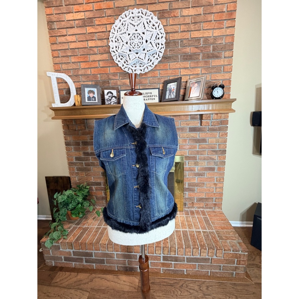 Mixit Denim Vest Womens Blue Vintage Y2K Rabbit Fur Trim XL